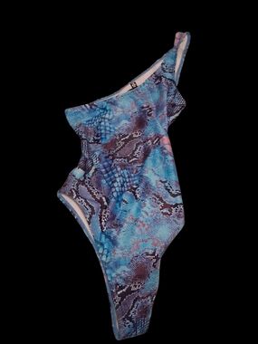 Missguided One-Shoulder Snake Print One-Piece Swimsuit in Blue and Black